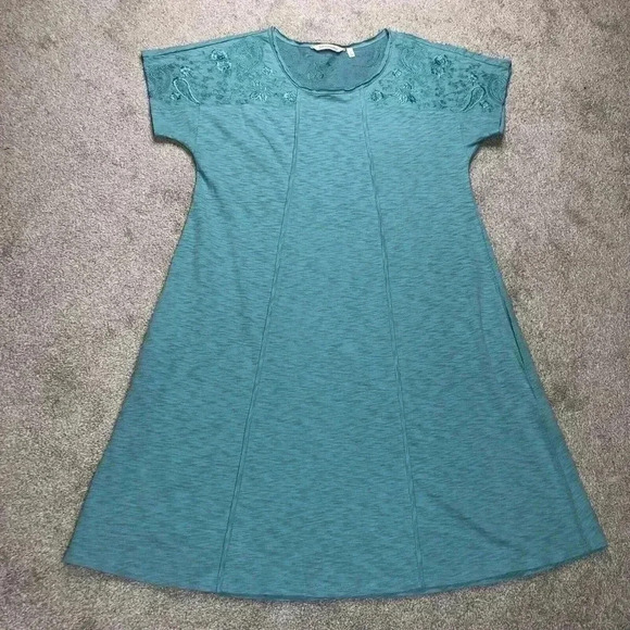 Soft Surroundings A Line Dress Embroidered Short Sleeves Beach Pockets Blue Sz M - Picture 1 of 8